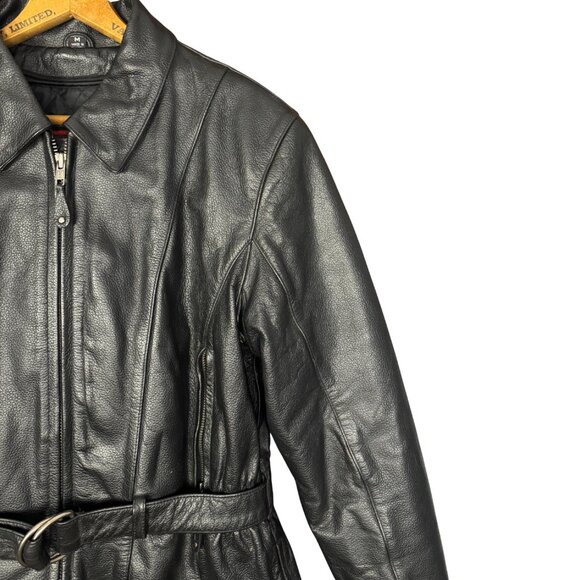 Vintage 90s Black Leather Biker Jacket Belted Moto Grunge Embossed Rose Detail - Picture 5 of 14